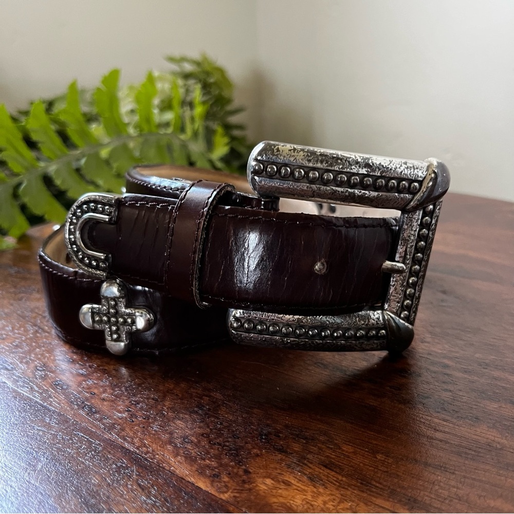 Vintage Barse Genuine English Leather Laredo Brown Belt Silver Cross Conchos